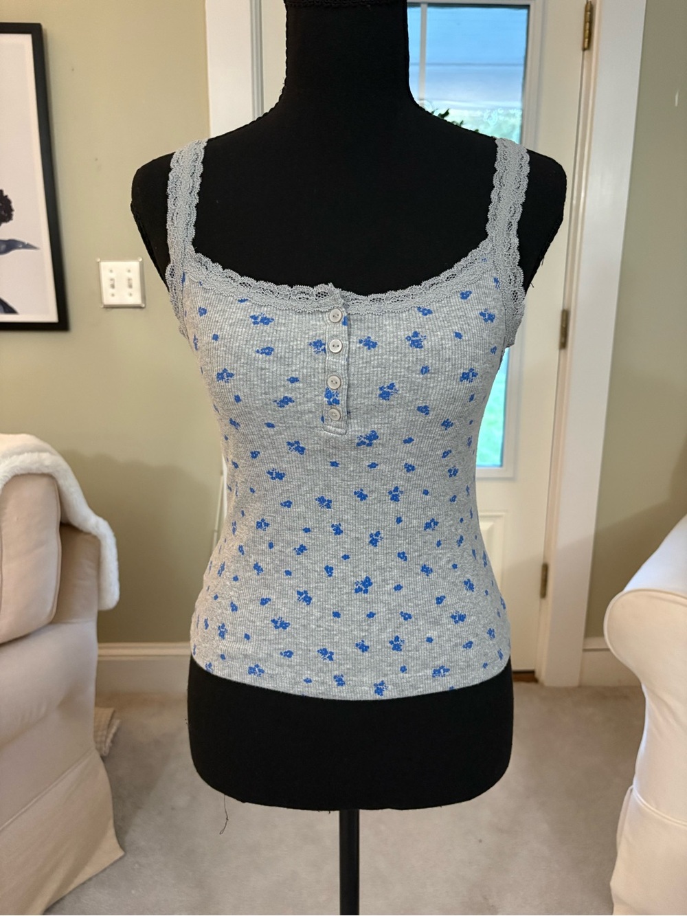SO Grey Ribbed Camisole with Blue Floral Print